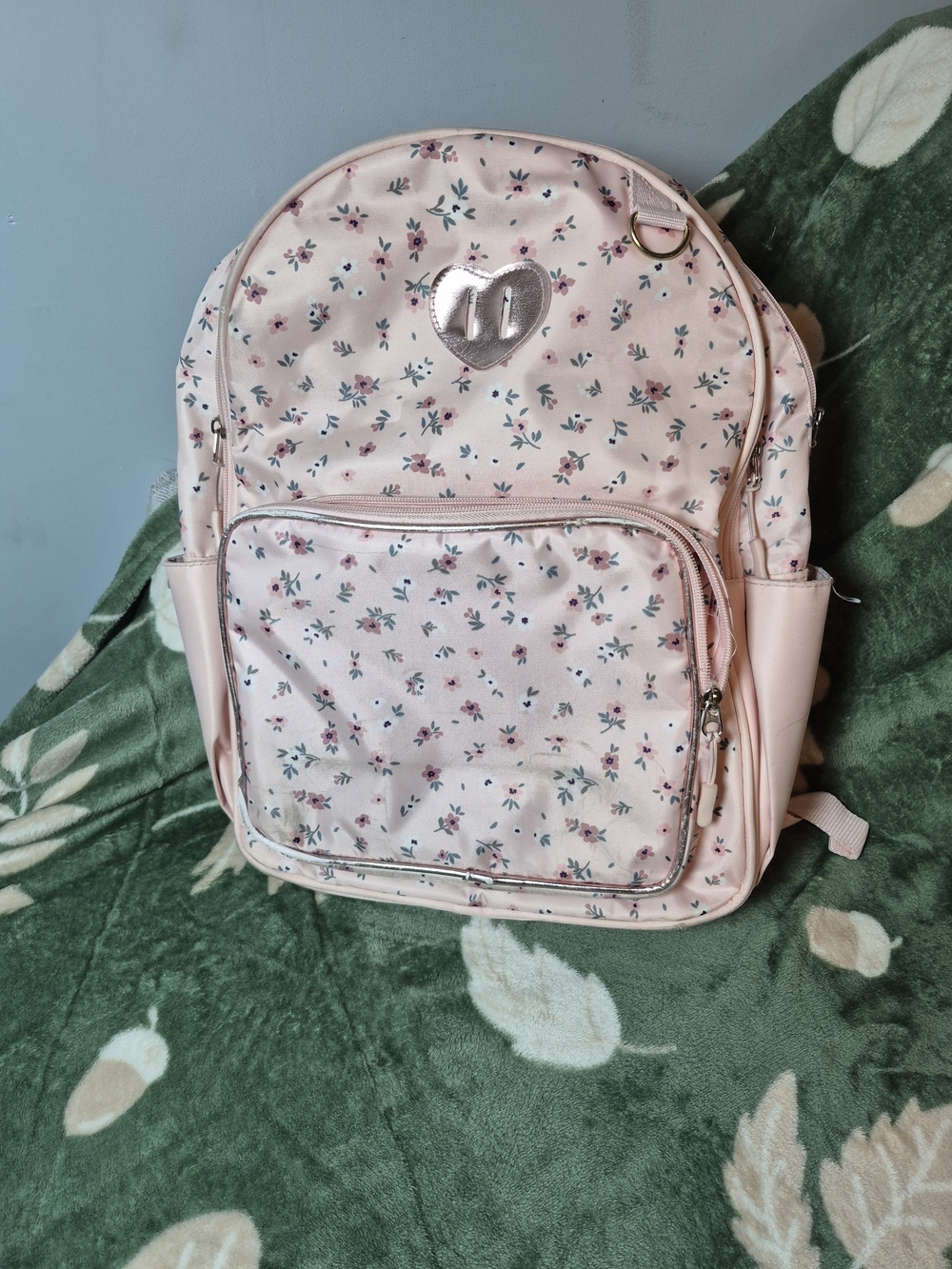 Pink Floral Kids Backpack with Heart Accent